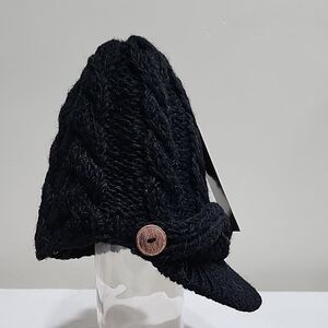 Black Knit Beanie with Brim and Button Accents